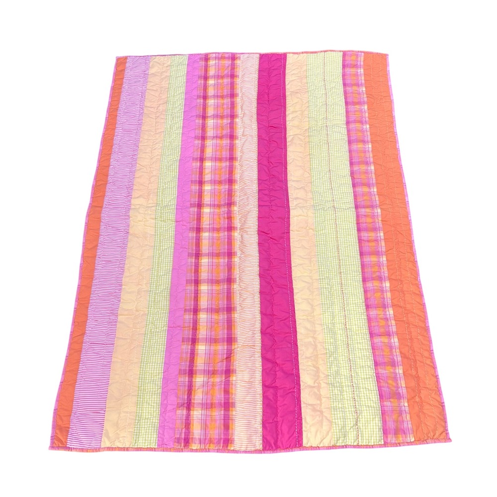 Pottery Barn Kids Quilt Toddler 36x48 Pink Orange Striped Embroidered Stitch